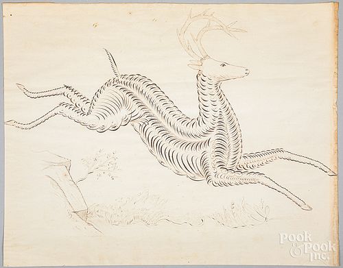 Pen and ink calligraphy of a leaping stag, 19th c