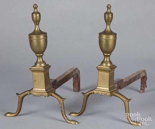 Pair of Federal brass urn top andirons