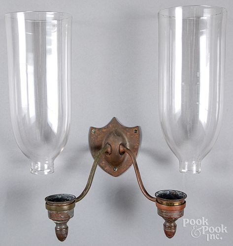 Brass double-arm sconce, with hurricane shades