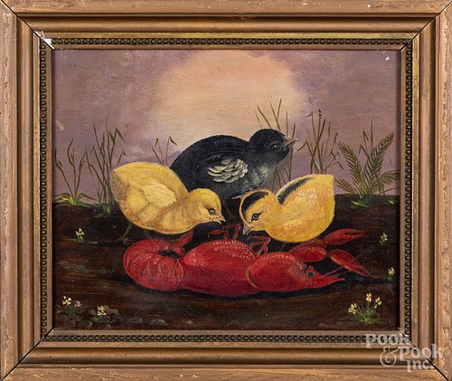 Oil on canvas of three chicks and a lobster