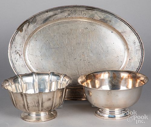 Sterling silver platter and two bowls
