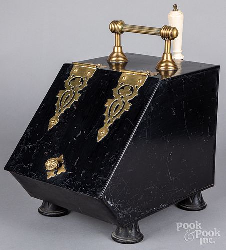 Brass mounted and ebonized metal coal scuttle