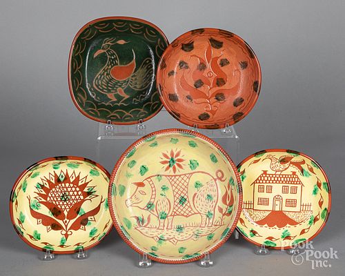 Five Seagreaves sgrafitto redware dishes