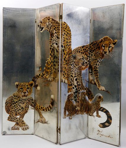 Paul Longnecker Painted 4-Panel Mirrored Screen