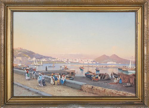 Consalvo Carelli Italian Watercolor, "Naples Promenade Harbor Scene"