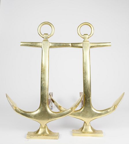 Pair of Brass Anchor Andirons, Mid Century