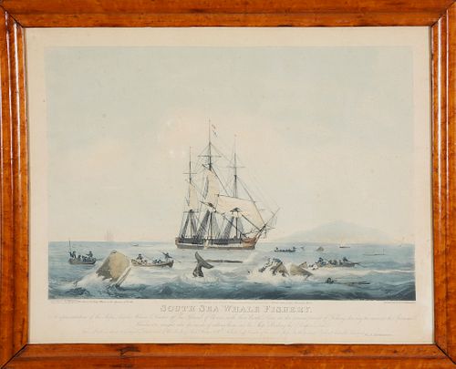 W.J. Huggins Colored Print, "South Sea Whale Fishery", 19th Century