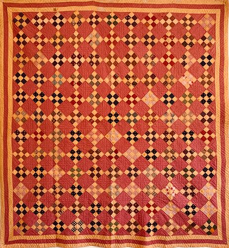 Calico 9-Patch in a Square Patchwork Quilt, 19th Century