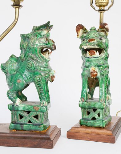 Pair of Green Glazed Ceramic Foo Lion Lamps