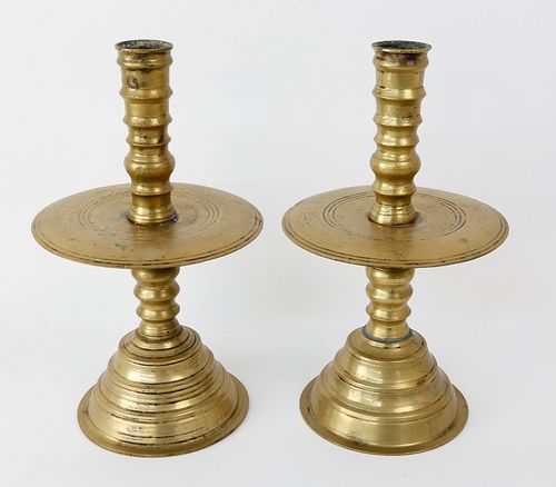 Pair of Dutch or English Brass Trumpet Base Bobeche Candlesticks, 17th Century