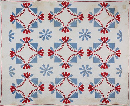 American Red, White and Blue Geometric Quilt, 19th Century