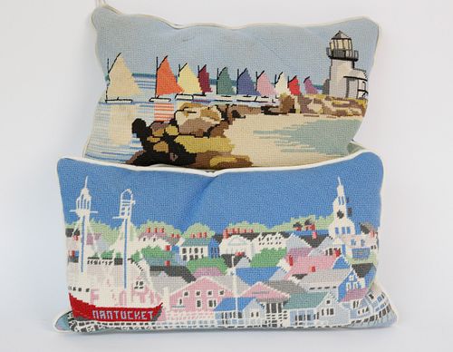 Two Needlepoint Pillows, "Rainbow Fleet, and "Town of Nantucket"