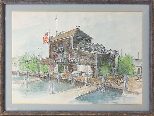 Barbara Kauffmann-Locke Pen and Watercolor on Paper, "View of the Wharf"