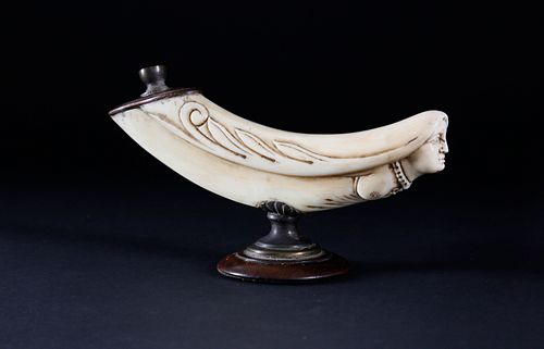 Carved Ivory, Brass and Wood Snuff Container, 19th Century