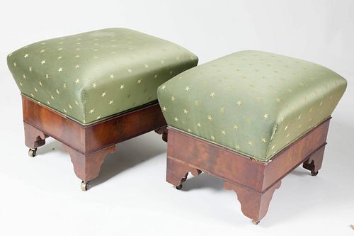 American Empire Crotch Mahogany Star Upholstered Ottomans, 19th Century