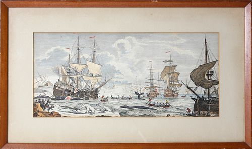 English Hand Colored Whaling Engraving, 18th Century
