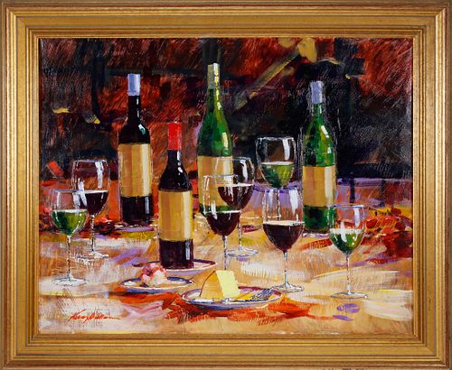 Kerry Hallam Oil on Canvas, "Still Life of Wine Bottles"