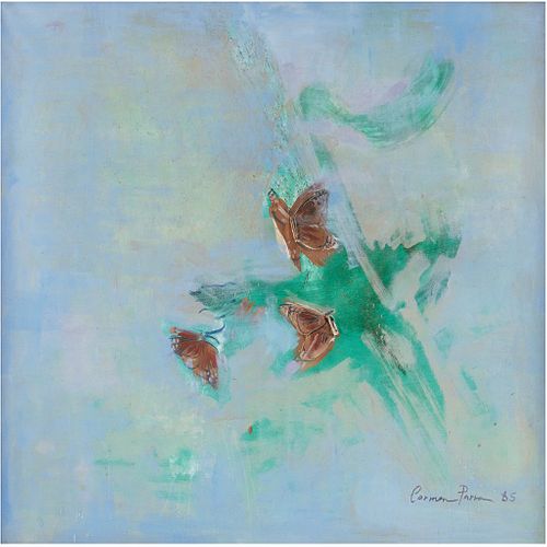 CARMEN PARRA, Mariposa monarca, Signed and dated 85, Oil and mixed technique on canvas, 39.3 x 39.3" (100 x 100 cm)