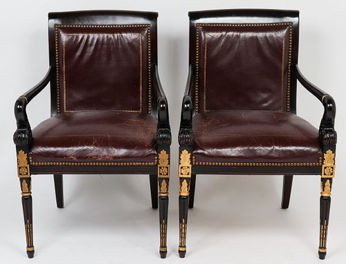 Empire Style Leather and Carved Wood Armchairs, Pr