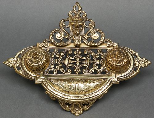 Renaissance Revival Manner Brass Inkwell