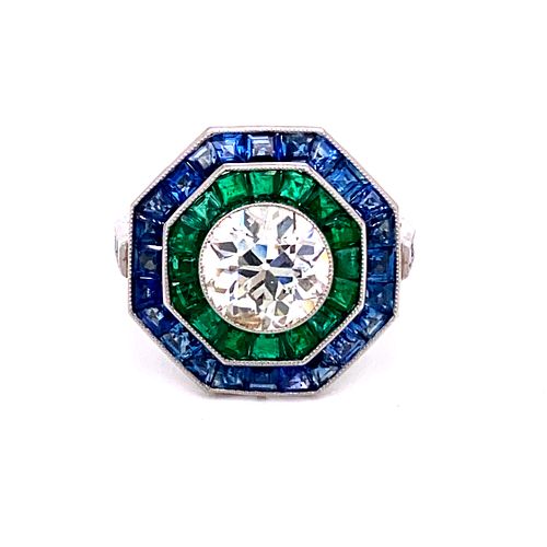 Platinum Diamond Sapphire Emerald Ring