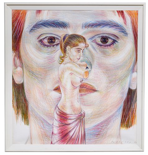 Jody Mussoff (American, b.1952) 'Large Face with Blond Statue' Colored Pencil on Paper