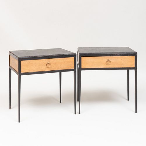 Pair of Jean-Michel Frank for Comte Metal, Leather and Oak Side Tables