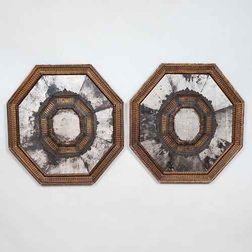 Pair of Rare Spanish Giltwood and Silver-Metal-Mounted RepoussÃ© Octagonal Mirrors, Maison Jansen