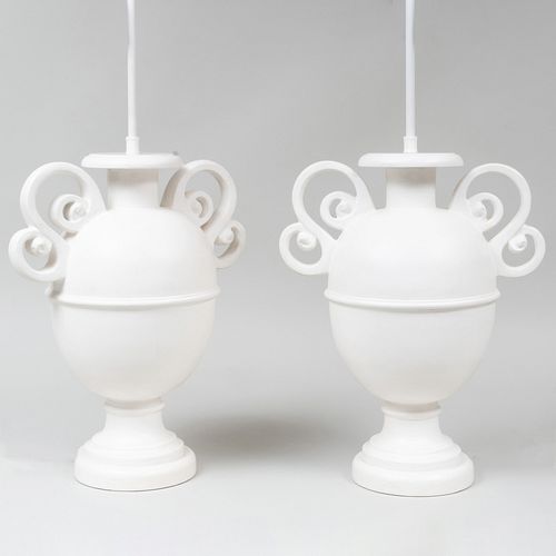 Pair of Sirmos White Plaster Urn Form Table Lamps