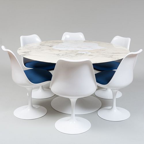Eero Saarinen Tulip Enamel Metal Table and Six Swivel Tulip Enamel Metal and Fiberglass Chairs