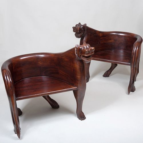 Pair of Modern Teak Stylized Lion Form Tub Chairs