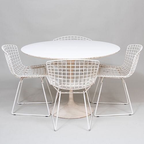 Eero Saarinen Laminate and Metal 'Tulip' Table and Set of Four Harry Bertoia Coated Metal Side Chairs 