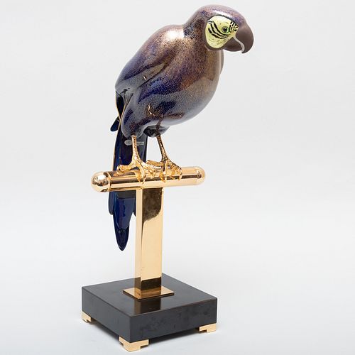 Mangani Oggetti Porcelain Parrot on a Brass Stand