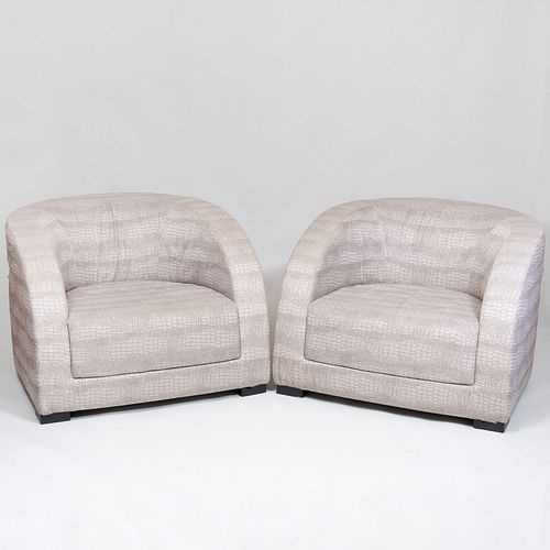  Pair of Modern Italian Faux Snake Skin Embroidered Linen Tub Chairs