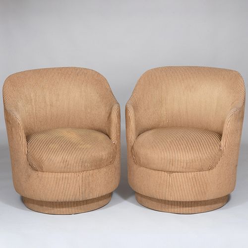 Pair of Corduroy Upholstered Swivel Tub Chairs