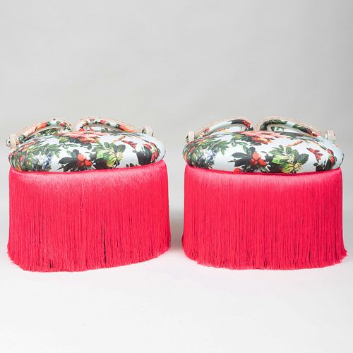 Pair of French Grey Painted Silk Fringed Tabourets Upholstered in Dolce & Gabbana Fabric