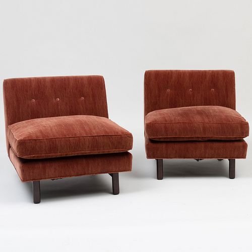 Pair of Edward Wormley Style Stained Wood and Upholstered Slipper Chairs