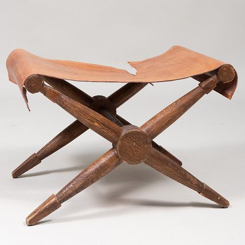 Jean Michel Frank Carved Oak and Leather Stool