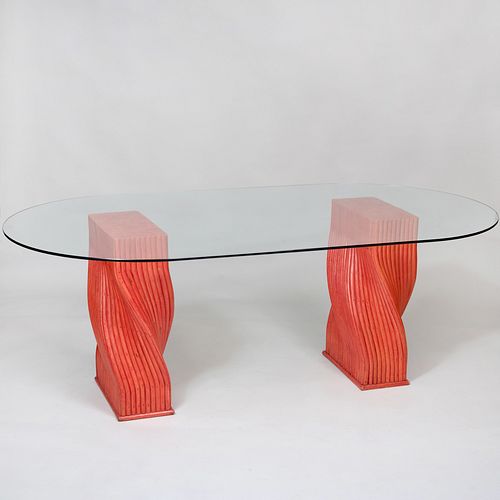 McGuire Red Painted Bamboo and Glass Low Table