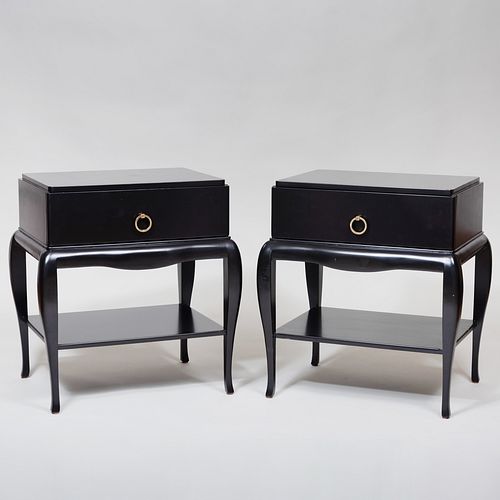 Pair of Bunny Williams Home Black Lacquer Bedside Tables
