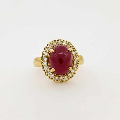 14K Gold Cabochon Ruby & Diamond Ring
