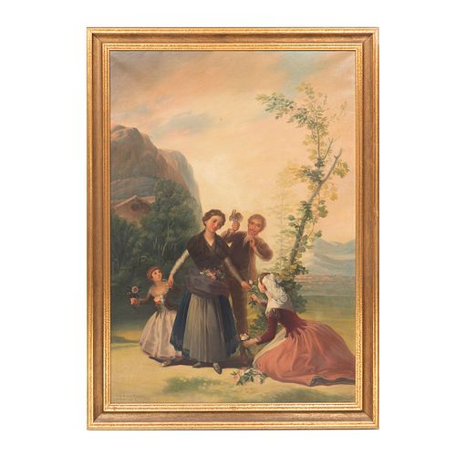 E. Lagares. "Las floreras" o "La Primavera". Reproducción de la obra de Francisco de Goya. Firmada. Óleo sobre tela. Enmarcado.