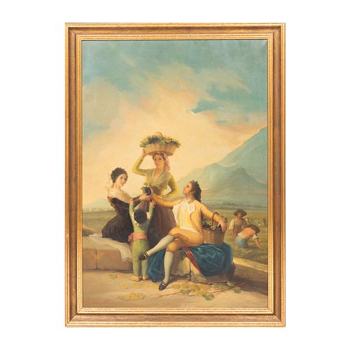 E. Lagares. "La Vendimia". Reproducción de la obra de Francisco de Goya. Firmada. Óleo sobre tela. Enmarcado. 140 x 110 cm