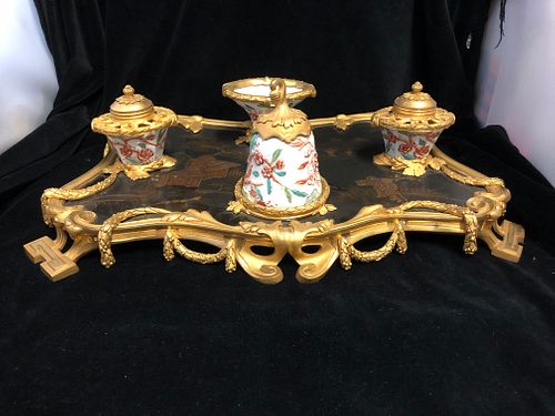 19TH CENTURY FRENCH GILT BRONZE & LACQUER DESK SET/DOUBLE INKSTAND