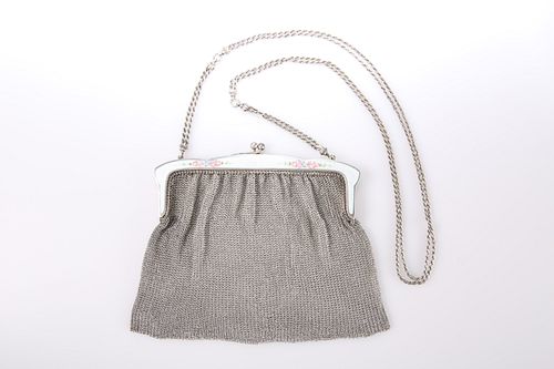 A SILVER AND ENAMEL CHAIN MESH EVENING BAG,?import mark,?George Stockwell, 