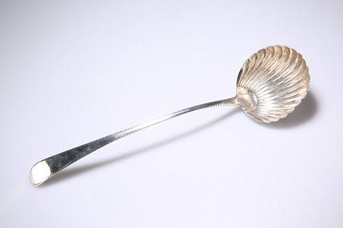 A GEORGE III SCALLOP SHELL SILVER LADLE, London 1817, the scallop shell bow