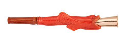 A 19TH CENTURY CHEROOT HOLDER, modelled as a carved?corallium rubrum?coral 