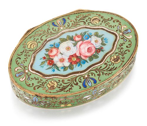 A CONTINENTAL ENAMEL BOX, LATE 19TH CENTURY, oval, the hinged lid centred b