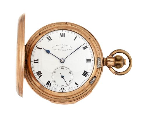 A THOMAS RUSSELL QUARTER REPEATER HUNTER POCKET WATCH. Circular white ename