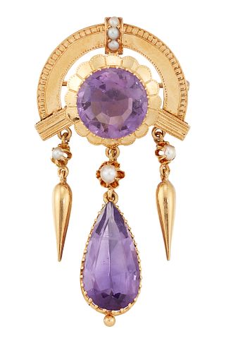 A 19TH CENTURY AMETHYST AND SEED PEARL BROOCH, the central amethyst, claw m
